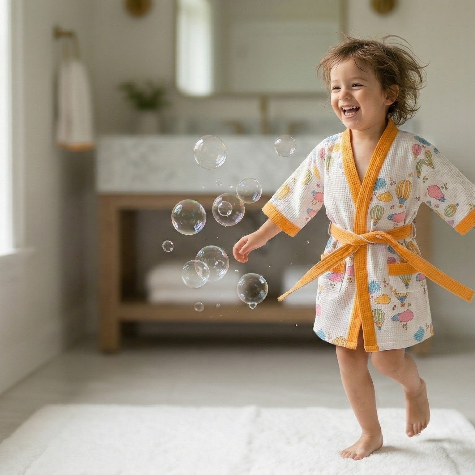 Child in a bathrobe playing with bubbles in a bathroom