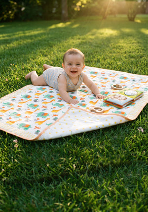 A baby lying on their stomach on a colorful, patterned outdoor play mat on a green grass lawn, with warm sunlight filtering through the background trees.